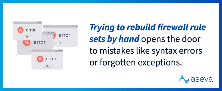 Trying to rebuild firewall rule sets by hand opens the door to mistakes like syntax errors or forgotten exceptions.