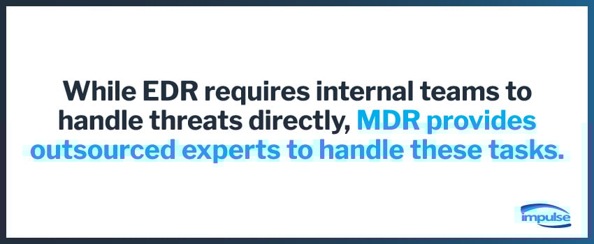 While EDR requires internal teams to handle threats directly, MDR provides outsourced experts to handle these tasks.